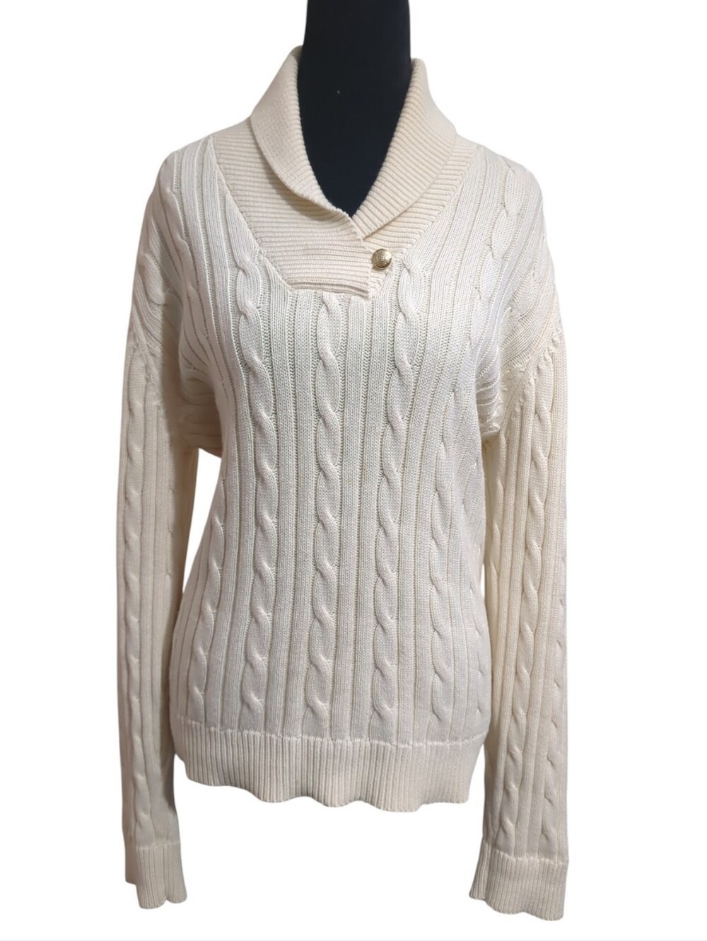 Vintage Chaps Cotton Ivory Cable Knit Sweater Shawl Collar Grandpacore Preppy